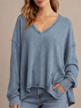 Free People We The Free Coraline Thermal Legion Blue Waffle Knit Medium Relaxed